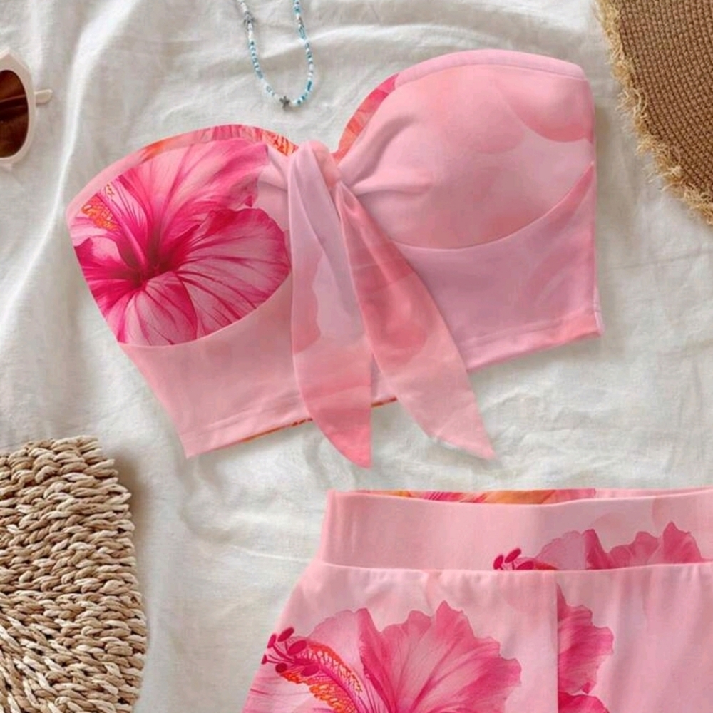 Soleia 2pcs Women's Casual Style Hibiscus Tropical Floral Print Tie - Picture 4 of 7